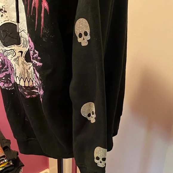 No Boundaries Black Hoodie with Skull and Purple Rose Design - Picture 2 of 3